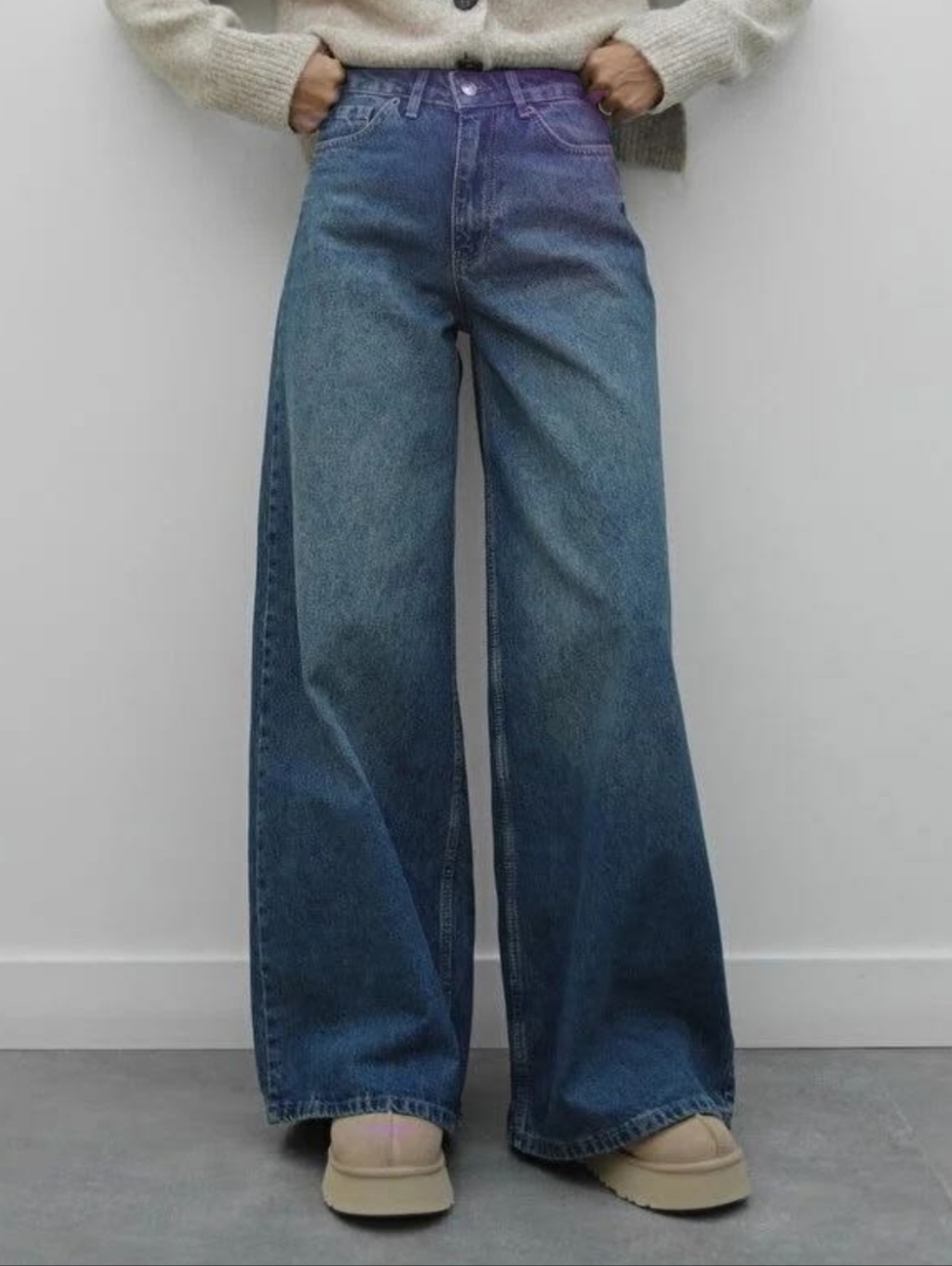 NEW OLD NAVY 100%Cotton Wide-Leg Mid-Rise WOW Baggy Wms Jeans Washed Blue Sz 12T